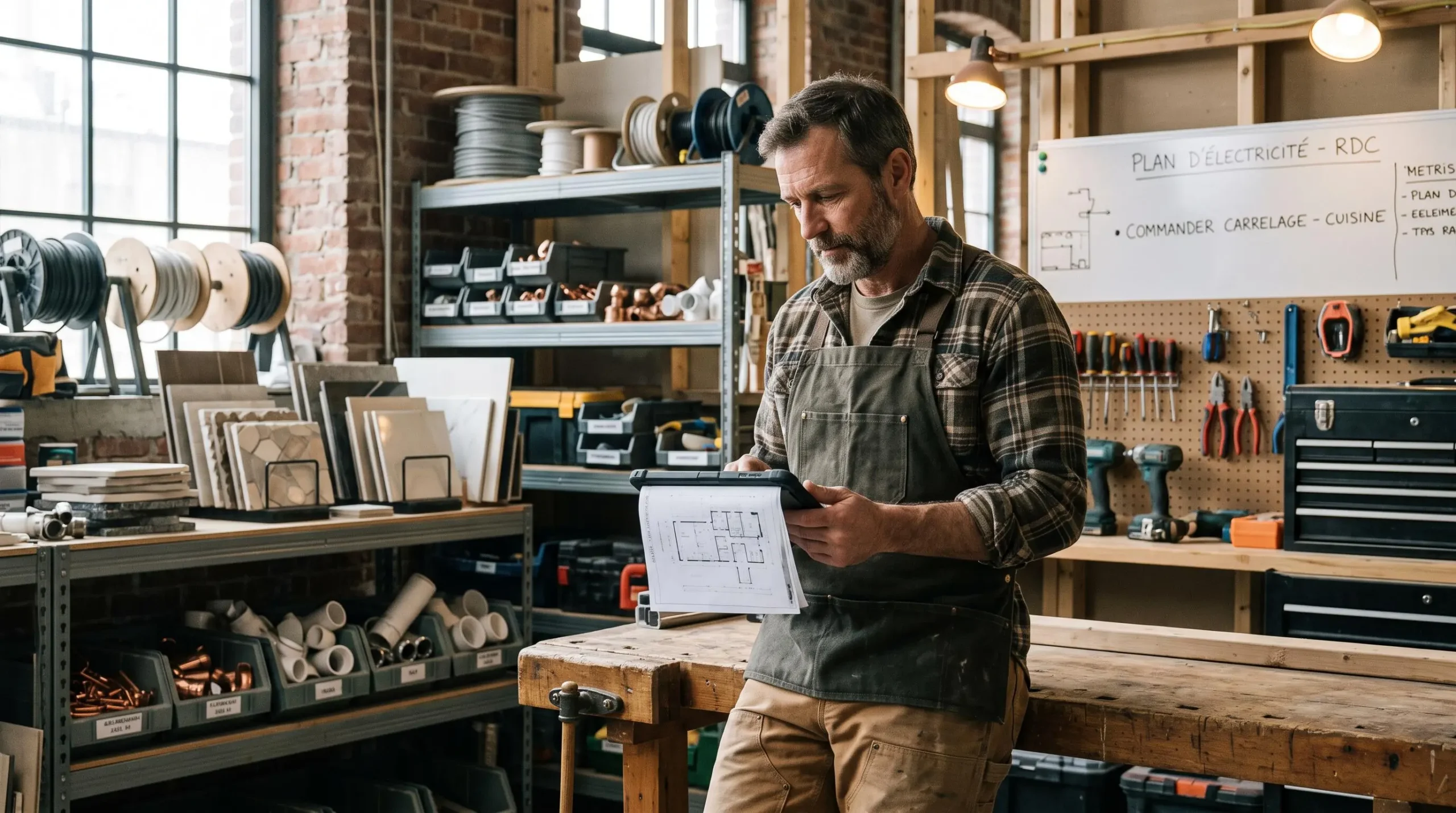 Artisan consultant un plan numérique de chantier dans un atelier organisé avec outils et matériaux de plusieurs métiers du bâtiment