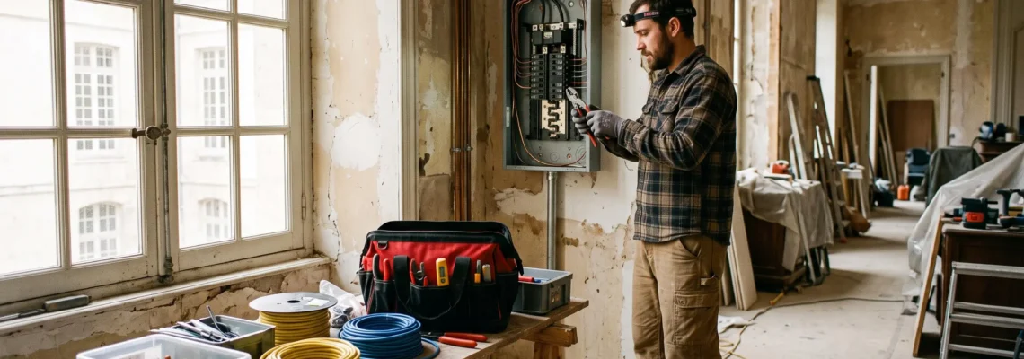 Artisan professionnel installant un tableau électrique dans une maison en rénovation à Versailles, lumière naturelle, outils professionnels visibles