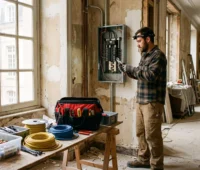 Artisan professionnel installant un tableau électrique dans une maison en rénovation à Versailles, lumière naturelle, outils professionnels visibles