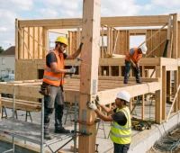 Chantier de construction en ossature bois avec des professionnels du BTP assemblant la structure d'une maison en Île-de-France
