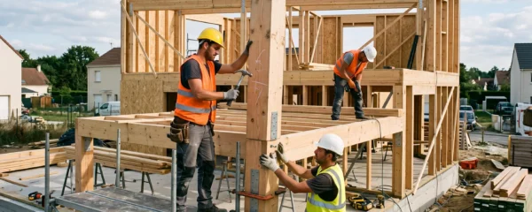 Chantier de construction en ossature bois avec des professionnels du BTP assemblant la structure d'une maison en Île-de-France