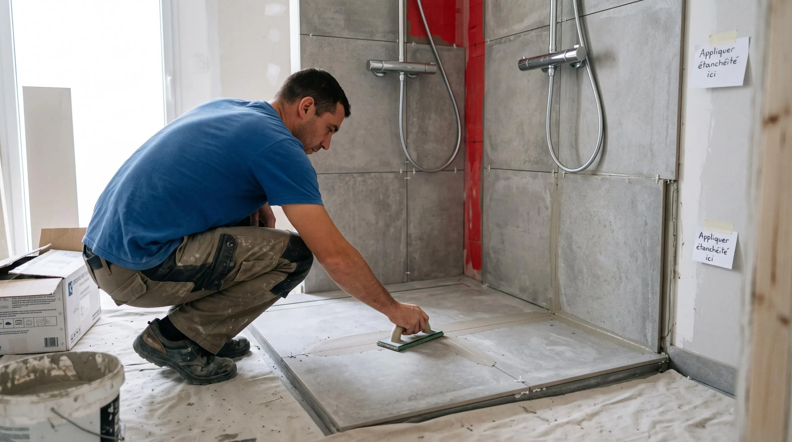 Installation en cours d'une douche à l'italienne avec carrelage design et robinetterie chrome moderne, chantier de rénovation professionnel